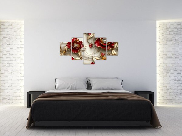 Obraz - 3D czerwono-złote kwiaty (125x70 cm)