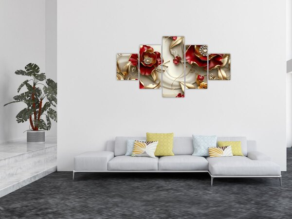 Obraz - 3D czerwono-złote kwiaty (125x70 cm)