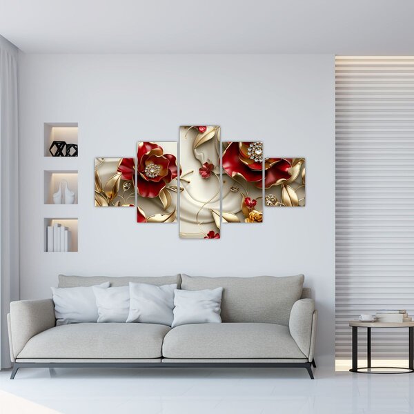Obraz - 3D czerwono-złote kwiaty (125x70 cm)