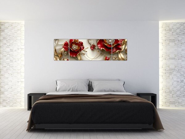 Obraz - 3D czerwono-złote kwiaty (170x50 cm)