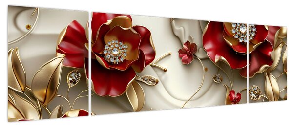 Obraz - 3D czerwono-złote kwiaty (170x50 cm)