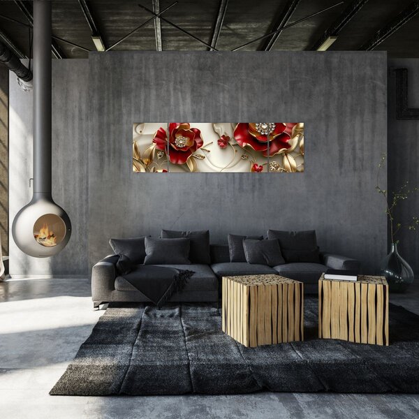 Obraz - 3D czerwono-złote kwiaty (170x50 cm)