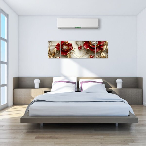 Obraz - 3D czerwono-złote kwiaty (170x50 cm)