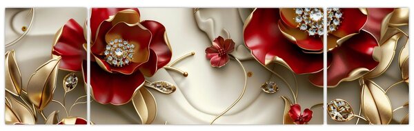 Obraz - 3D czerwono-złote kwiaty (170x50 cm)