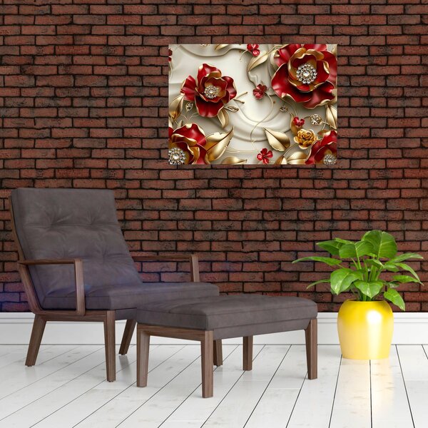 Obraz - 3D czerwono-złote kwiaty (70x50 cm)