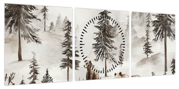 Obraz - Las z niedźwiedziami (z zegarem) (90x30 cm)