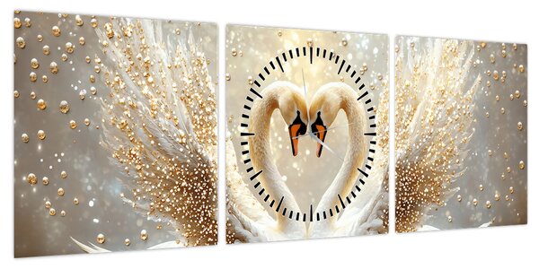 Obraz - Złote łabędzie (z zegarem) (90x30 cm)