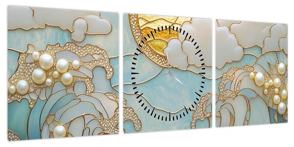 Obraz - 3D perły w oceanie (z zegarem) (90x30 cm)