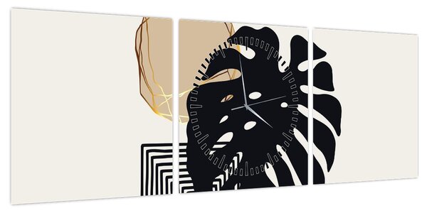 Obraz - Abstrakcja z tropikalnymi liśćmi N⁰2 (z zegarem) (90x30 cm)