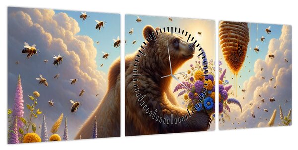 Obraz - Niedźwiedź i pszczoły (z zegarem) (90x30 cm)