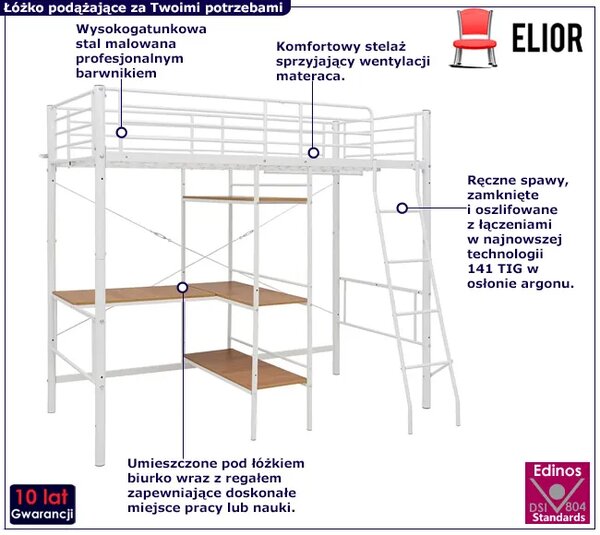 Białe metalowe łóżko z biurkiem i regałem 90x200 cm R7-Z44