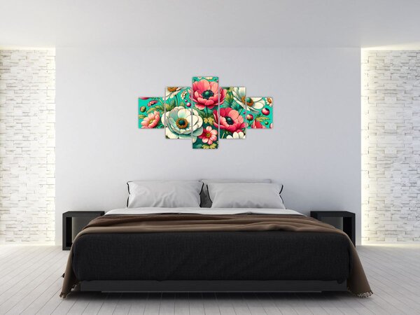 Obraz - Kwiaty na niebieskim tle (125x70 cm)