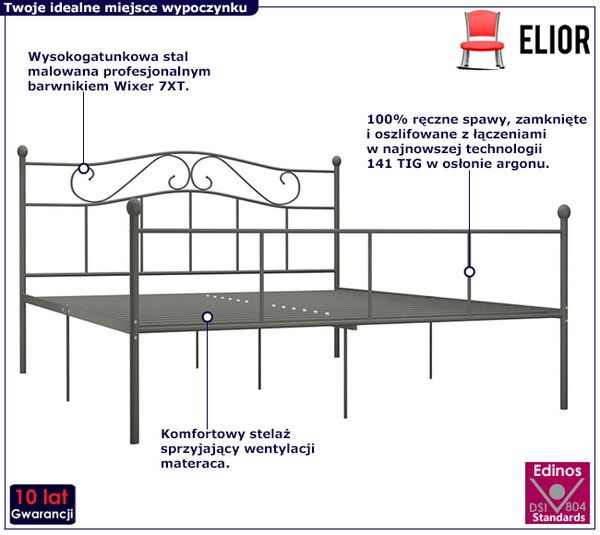 Szare metalowe łóżko w stylu loftowym 180x200 cm C4-H28