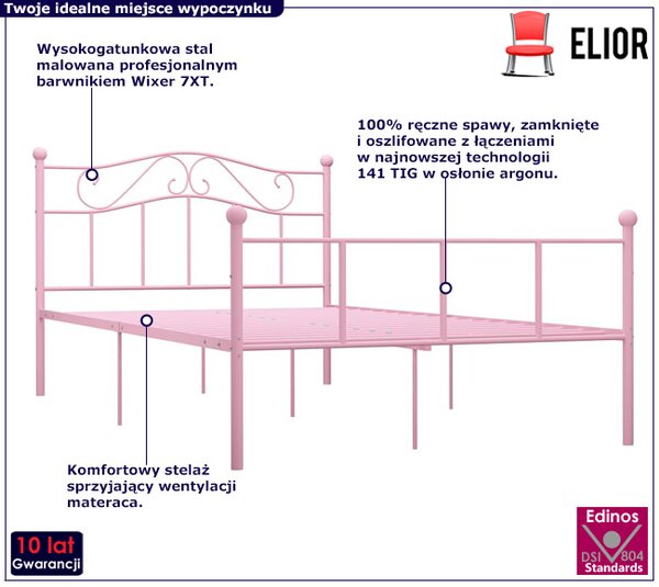 Różowe metalowe łóżko w stylu loft 160x200 cm F4-M55