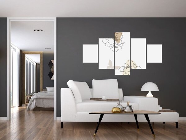 Obraz - Beżowe kwiaty z motylem N⁰2 (125x70 cm)