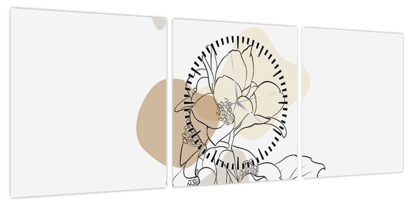 Obraz - Beżowe kwiaty z motylem N⁰1 (z zegarem) (90x30 cm)