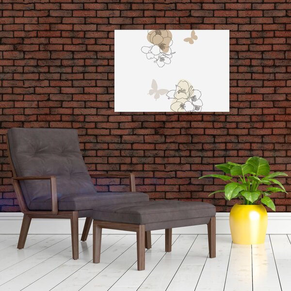Obraz - Beżowe kwiaty z motylem N⁰2 (70x50 cm)