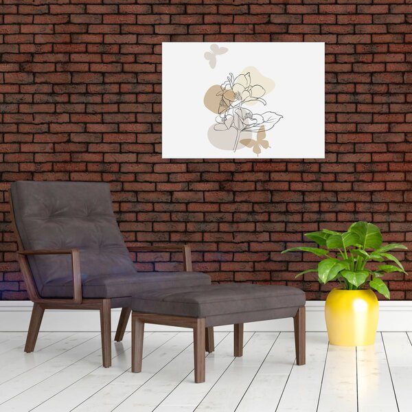 Obraz - Beżowe kwiaty z motylem N⁰1 (70x50 cm)