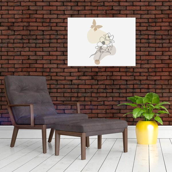 Obraz - Beżowe kwiaty z motylem N⁰3 (70x50 cm)
