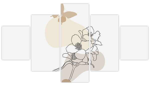 Obraz - Beżowe kwiaty z motylem N⁰3 (125x70 cm)