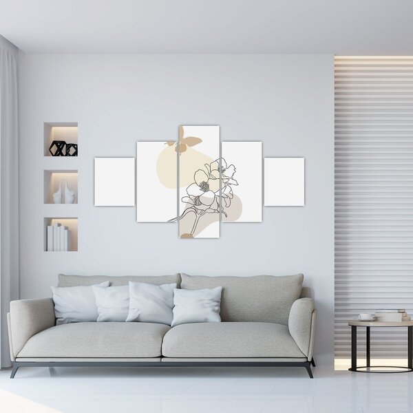 Obraz - Beżowe kwiaty z motylem N⁰3 (125x70 cm)