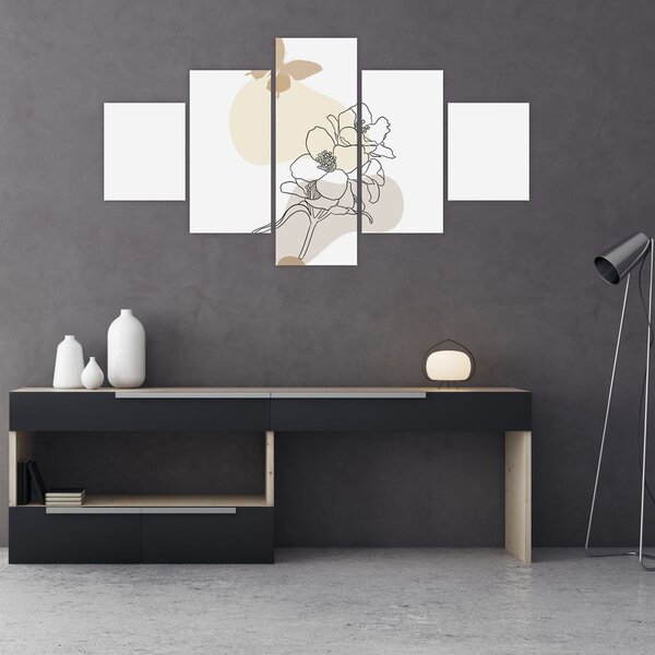 Obraz - Beżowe kwiaty z motylem N⁰3 (125x70 cm)