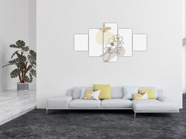 Obraz - Beżowe kwiaty z motylem N⁰3 (125x70 cm)