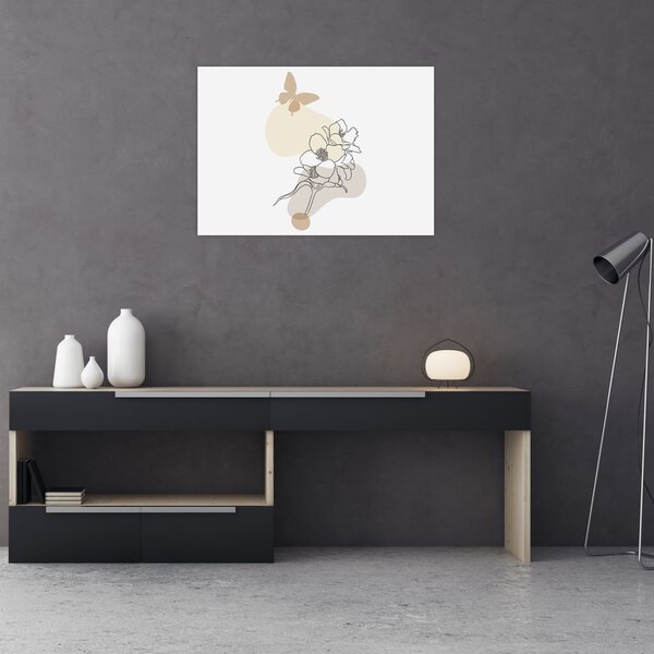 Obraz - Beżowe kwiaty z motylem N⁰3 (70x50 cm)