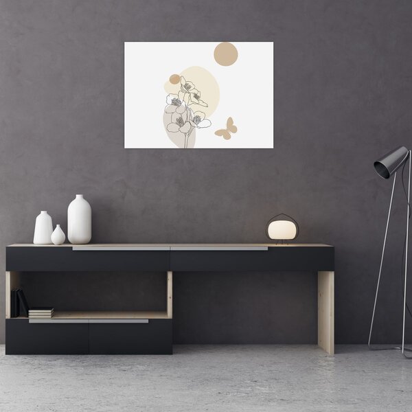 Obraz - Beżowe kwiaty z motylem N⁰4 (70x50 cm)