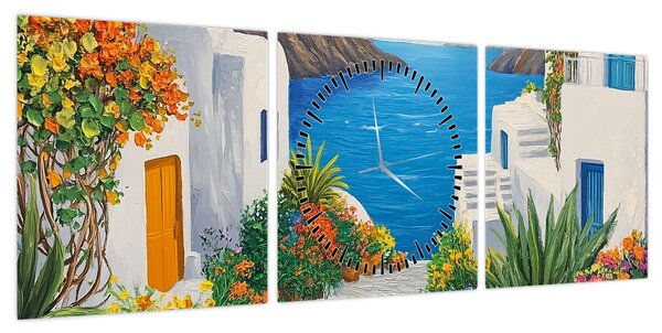 Obraz - Grecka uliczka (z zegarem) (90x30 cm)