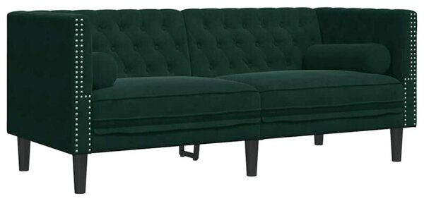 Sofa chesterfield z waÅkami, dwuosobowa, ciemnozielona, aksamit