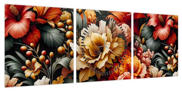Obraz - Pomarańczowo-czerwone kwiaty (z zegarem) (90x30 cm)