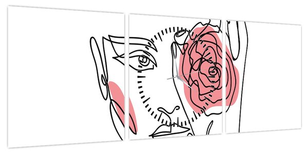 Obraz - Line art twarz z różą (z zegarem) (90x30 cm)