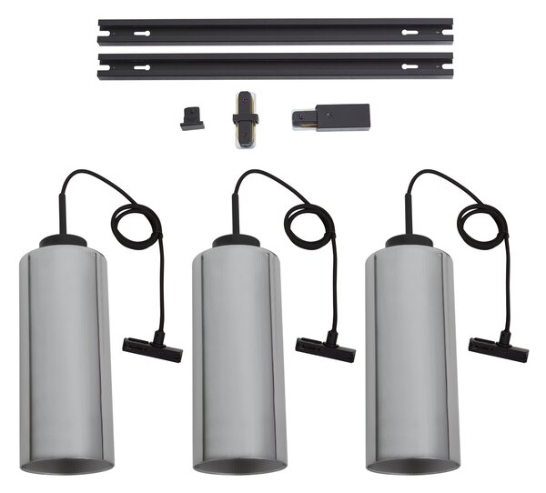 Nowoczesny system szynowy czarny z 3 lampami wiszącymi z przydymionego szkła 1-fazowy - Iconic Laura