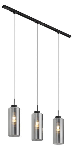 Nowoczesny system szynowy czarny z 3 lampami wiszącymi z przydymionego szkła 1-fazowy - Iconic Laura
