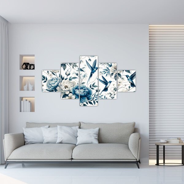 Obraz - Kolibry z kwiatami (125x70 cm)