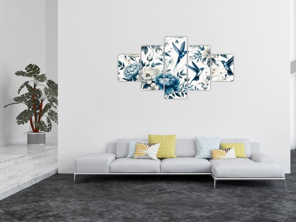 Obraz - Kolibry z kwiatami (125x70 cm)