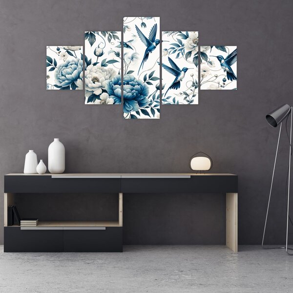 Obraz - Kolibry z kwiatami (125x70 cm)