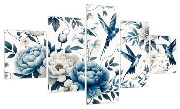 Obraz - Kolibry z kwiatami (125x70 cm)