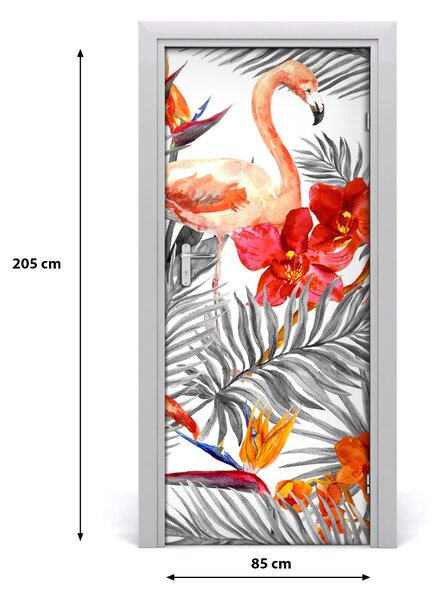 Naklejka samoprzylepna na drzwi Flamingi i kwiaty