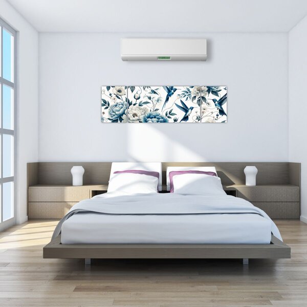 Obraz - Kolibry z kwiatami (170x50 cm)