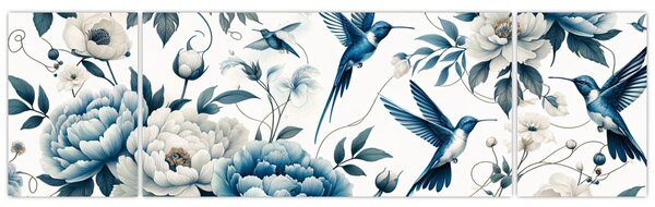 Obraz - Kolibry z kwiatami (170x50 cm)