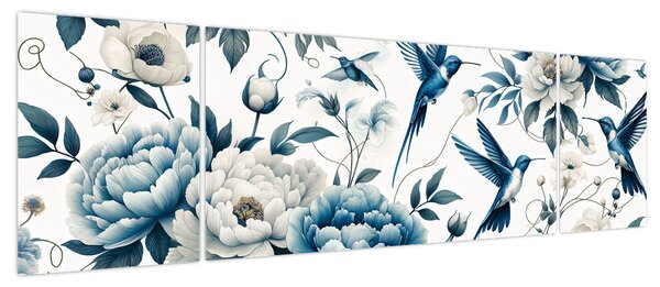 Obraz - Kolibry z kwiatami (170x50 cm)