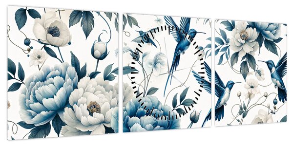 Obraz - Kolibry z kwiatami (z zegarem) (90x30 cm)