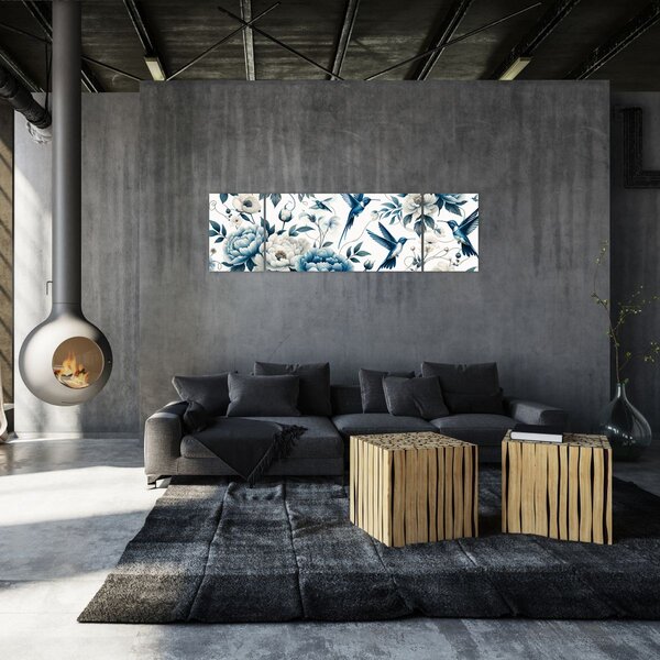 Obraz - Kolibry z kwiatami (170x50 cm)