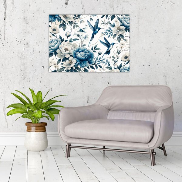 Obraz - Kolibry z kwiatami (70x50 cm)