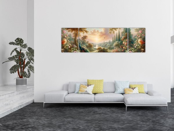 Obraz - Pawie w ogrodzie (170x50 cm)