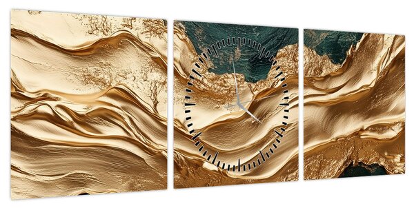 Obraz - Zielona abstrakcja ze złotem II. (z zegarem) (90x30 cm)