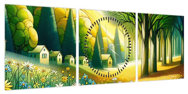 Obraz - Wieś w żółto-zielonym (z zegarem) (90x30 cm)