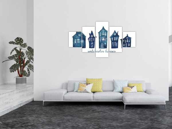Obraz - Niebieskie domy akwarelowe (125x70 cm)